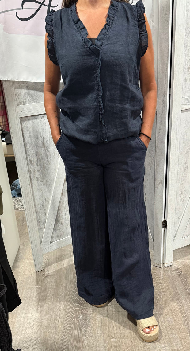 Milio Milano Navy Ruffle Edge Detail Linen Top With Matching Fold Over Palazzo Pants-SET!