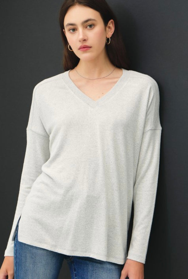 Soft Basic V Neck Long Sleeve Top With Back Ribbing- Available in Grey & Oatmeal