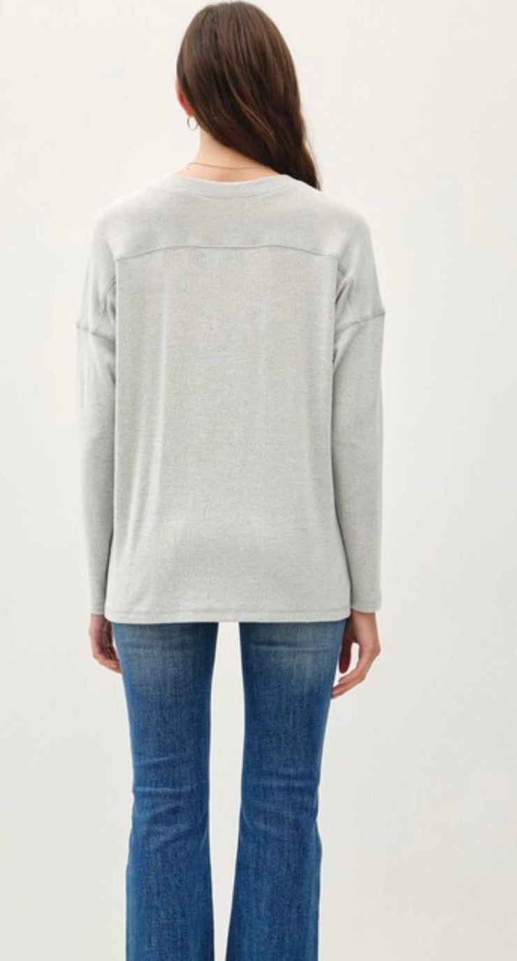 Soft Basic V Neck Long Sleeve Top With Back Ribbing- Available in Grey & Oatmeal