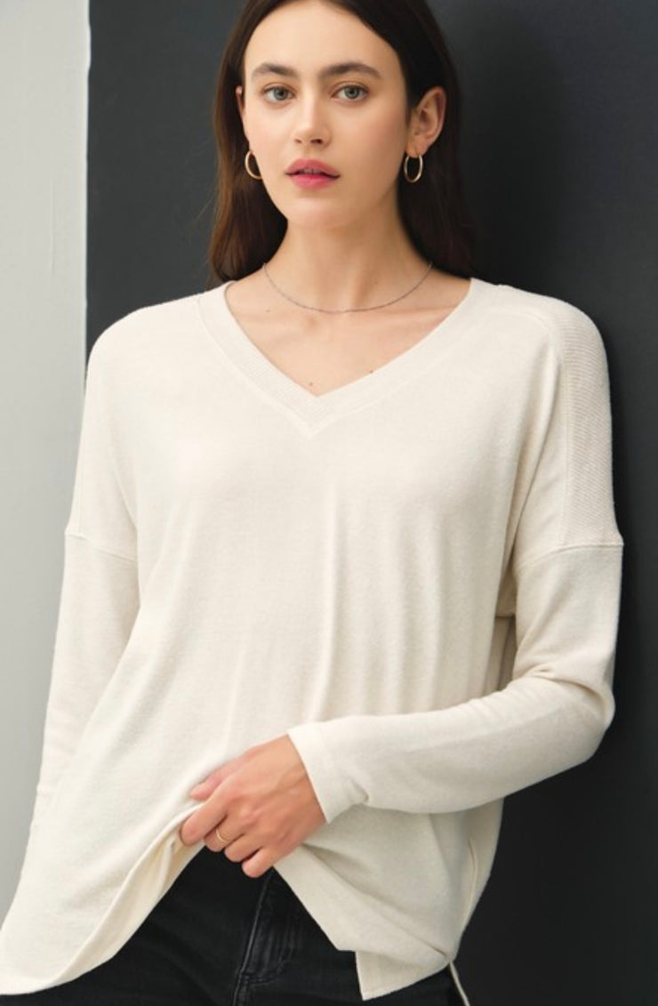 Soft Basic V Neck Long Sleeve Top With Back Ribbing- Available in Grey & Oatmeal