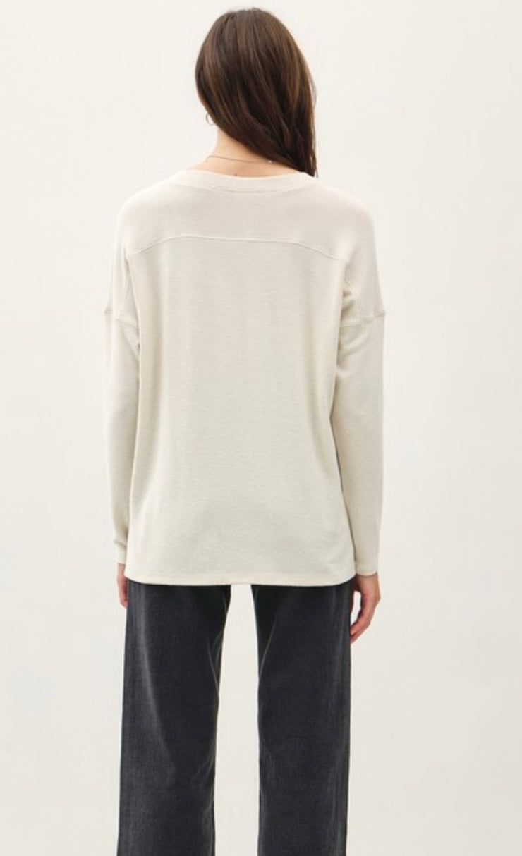 Soft Basic V Neck Long Sleeve Top With Back Ribbing- Available in Grey & Oatmeal