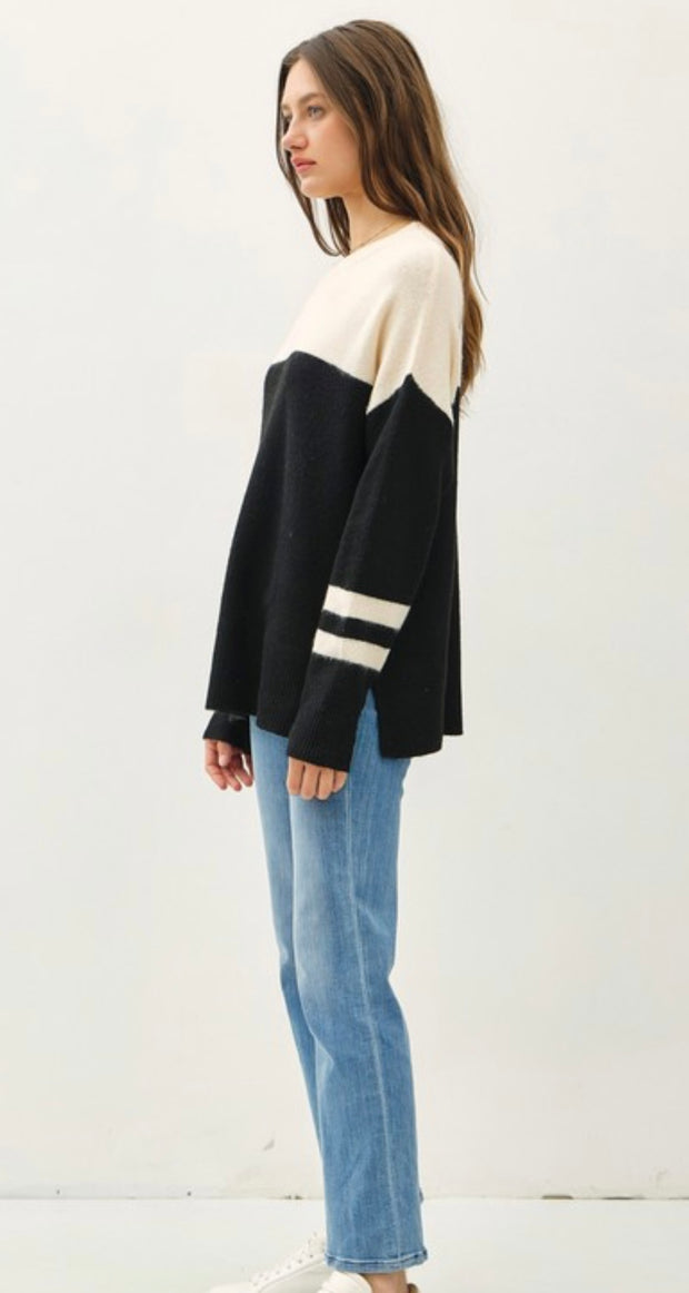 Black Jersey Style Oversized Cut Sweater with Stripe Detail- Also available in Charcoal