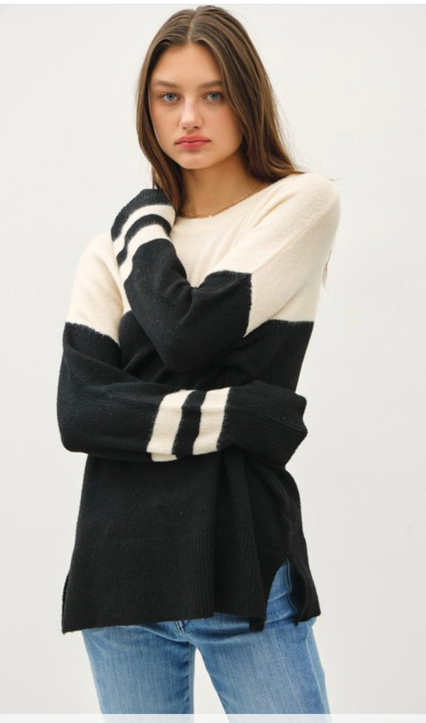 Black Jersey Style Oversized Cut Sweater with Stripe Detail- Also available in Charcoal