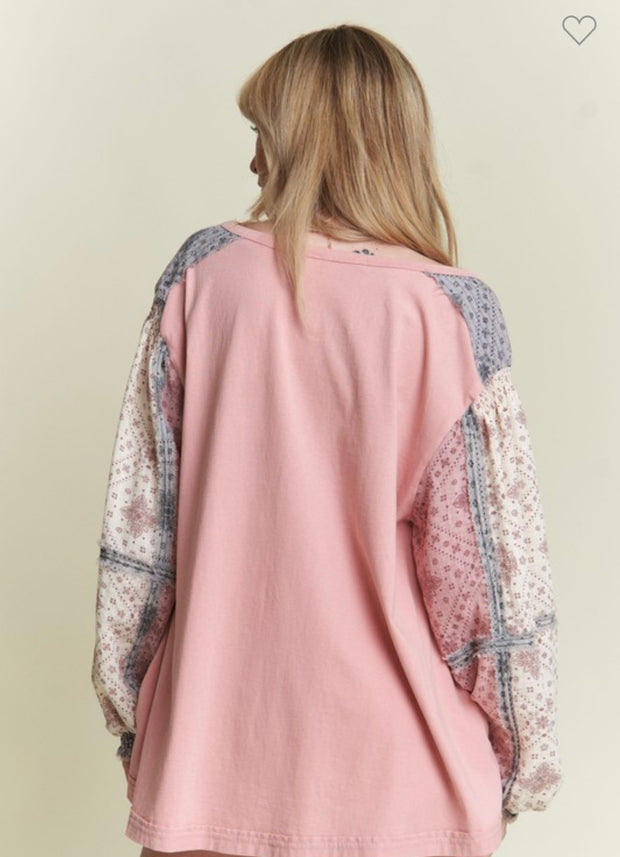 Oversized Pink Printed Patchwork Long Sleeve Top