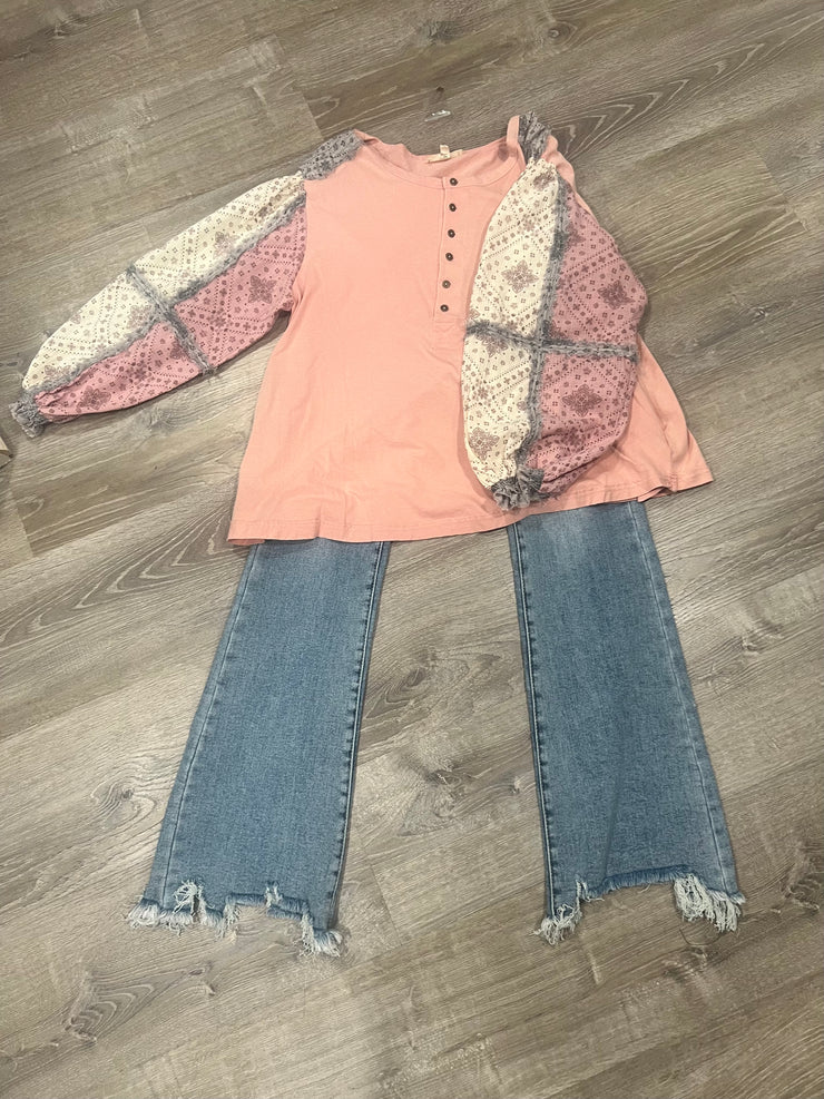 Oversized Pink Printed Patchwork Long Sleeve Top