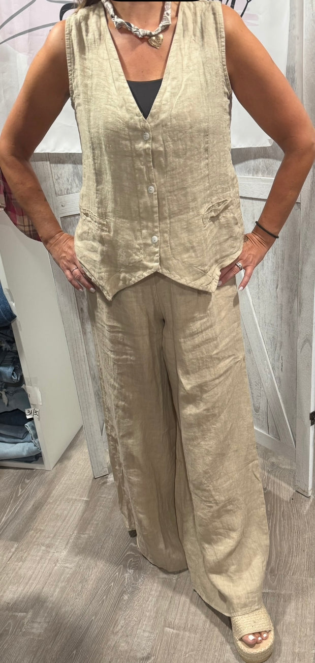 Milio Milano Beige Button Down Vest With Matching Wide Leg Pant- SET!