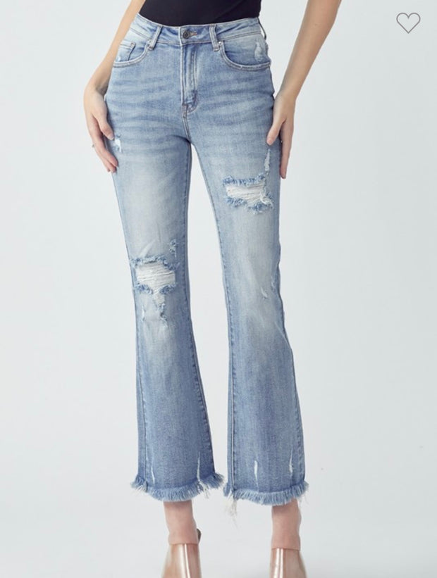 Mid Rise Distressed Ankle Flare Jeans