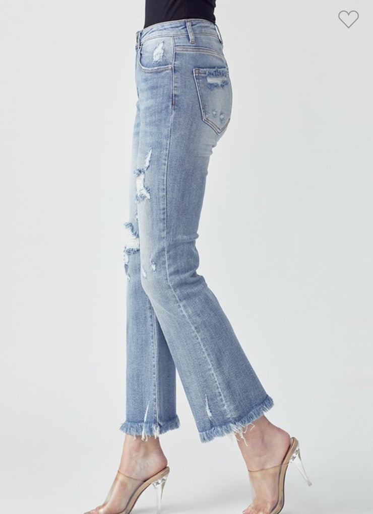 Mid Rise Distressed Ankle Flare Jeans