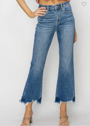 Med Wash Ankle Straight Jeans With Frayed Bottom- No Distressing