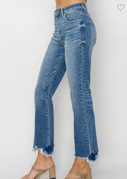 Med Wash Ankle Straight Jeans With Frayed Bottom- No Distressing