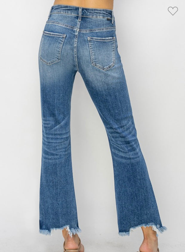 Med Wash Ankle Straight Jeans With Frayed Bottom- No Distressing