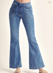 Mid Rise Flare Jeans With Front Pockets- No Distressing