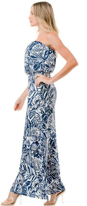 Blue Tropical Print Strapless Wide Leg Jumpsuit With Belt