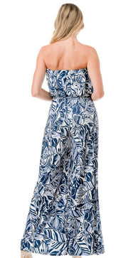 Blue Tropical Print Strapless Wide Leg Jumpsuit With Belt