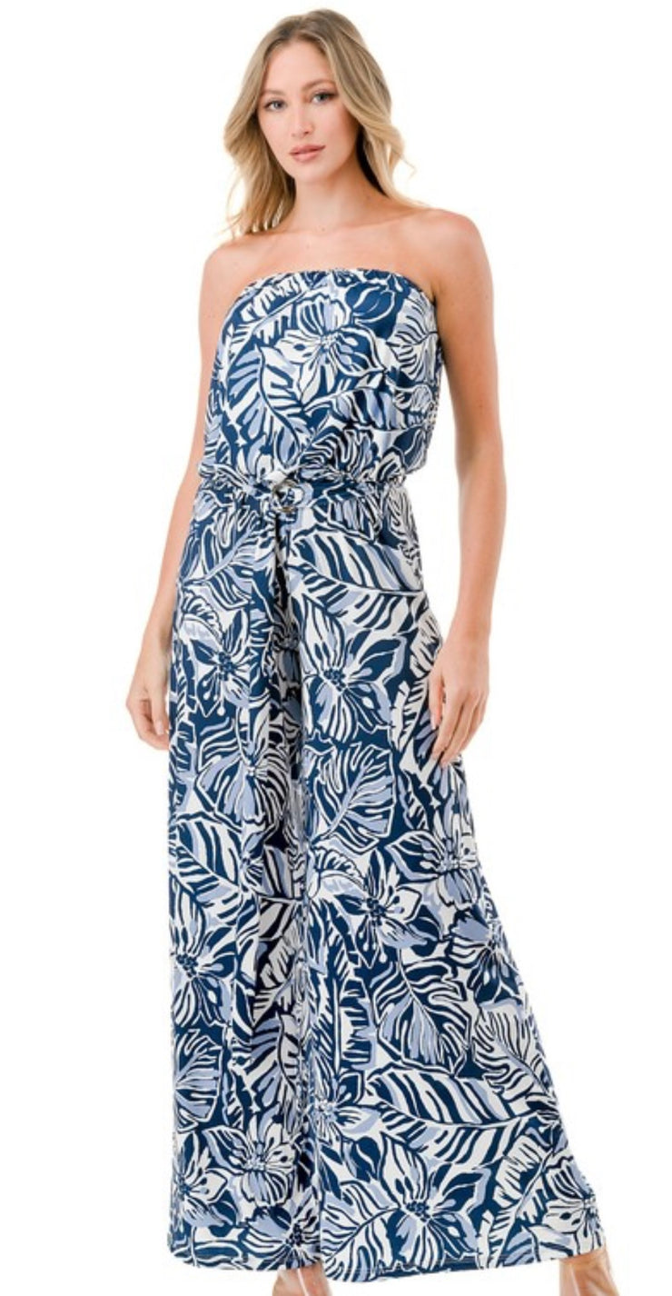 Blue Tropical Print Strapless Wide Leg Jumpsuit With Belt