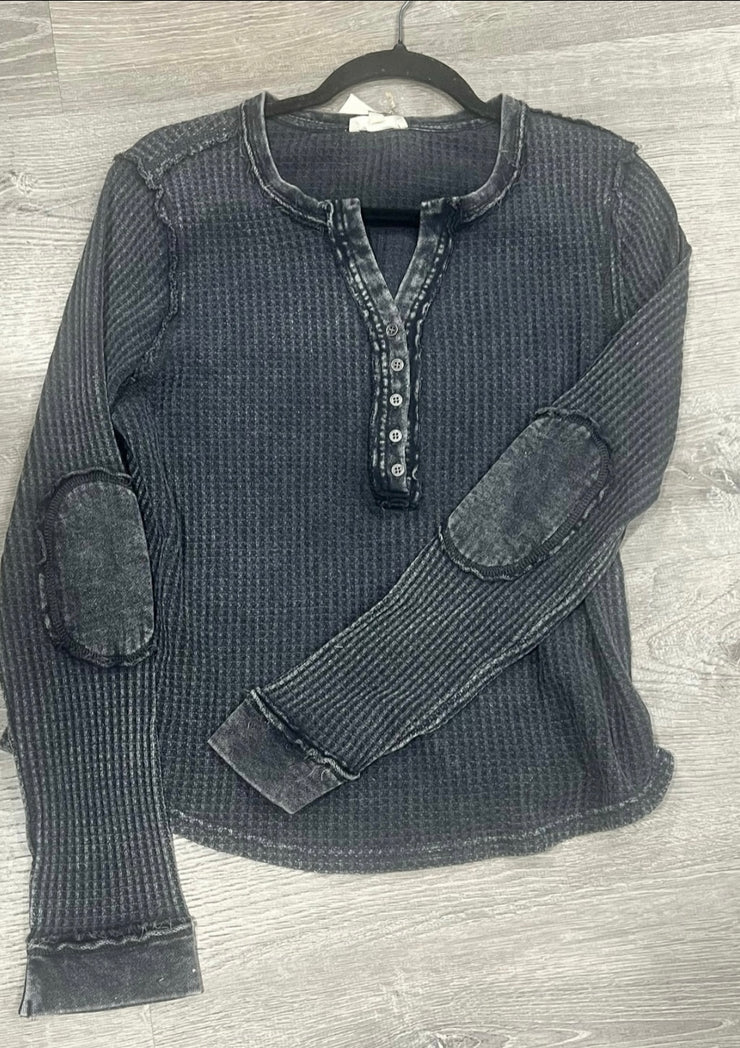 Black Mineral Wash Long Sleeve Thermal Top