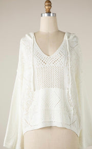 White Crochet Multi Knit Pattern Hoodie With Pocket