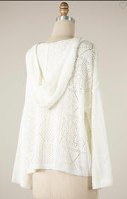 White Crochet Multi Knit Pattern Hoodie With Pocket