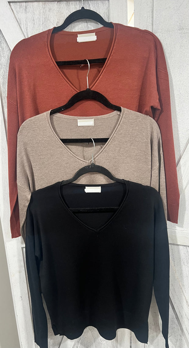 Soft V Neck Sweater With Ribbed Hem- Available in 3 Colors!