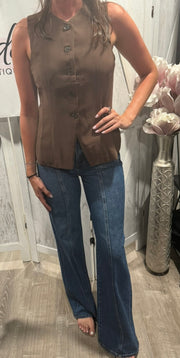 Brown Split Front Button Down Long Vest Top- Also Comes In Ivory