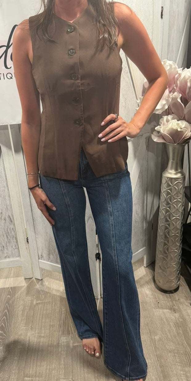 Brown Split Front Button Down Long Vest Top- Also Comes In Ivory