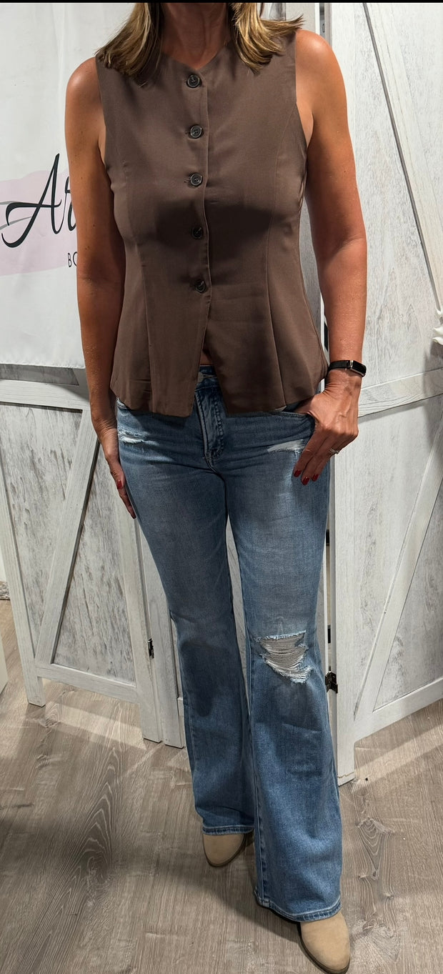 Brown Split Front Button Down Long Vest Top- Also Comes In Ivory