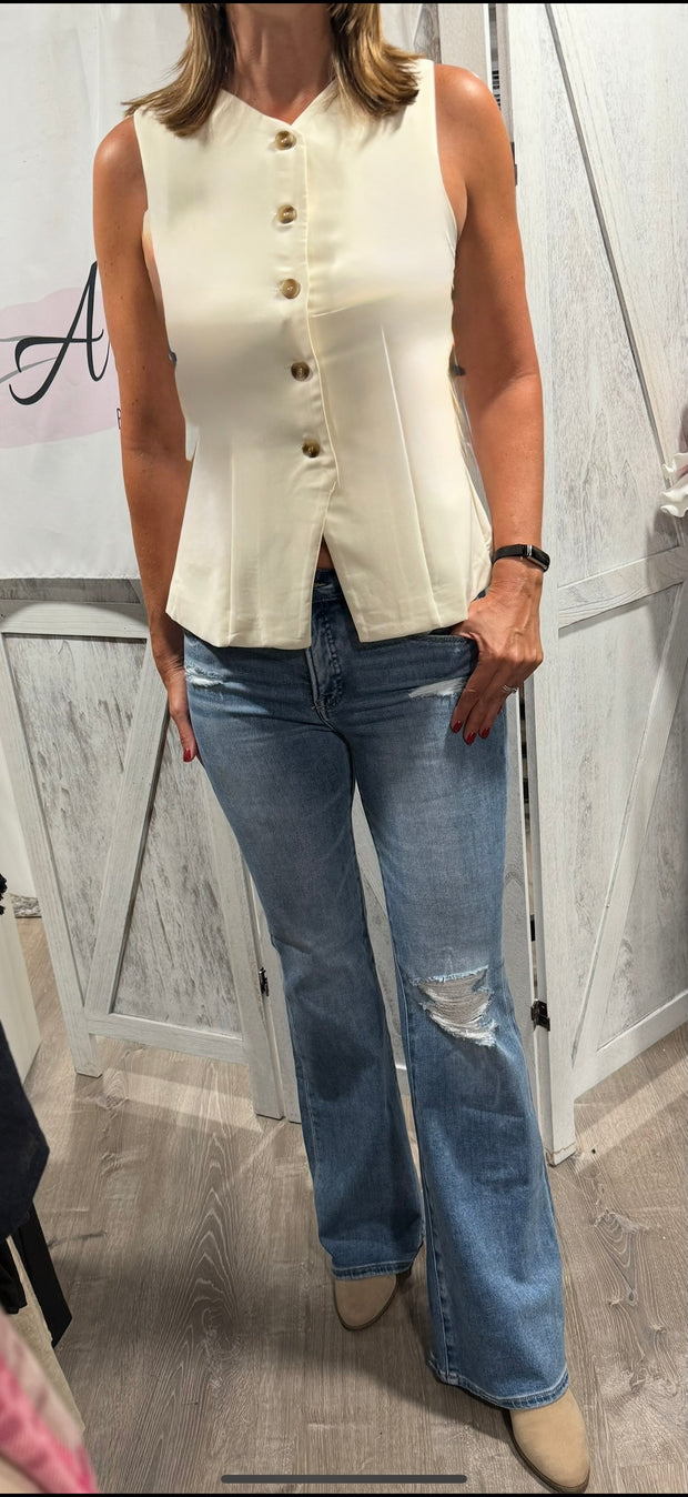 Ivory Split Front Button Down Long Vest Top- Also Comes In Brown