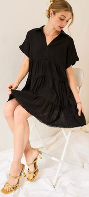 Short Sleeve Tiered Dress With Frayed Hem- Available in 4 Colors!