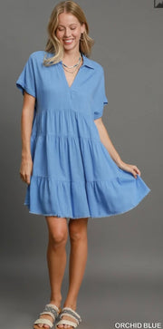 Short Sleeve Tiered Dress With Frayed Hem- Available in 4 Colors!