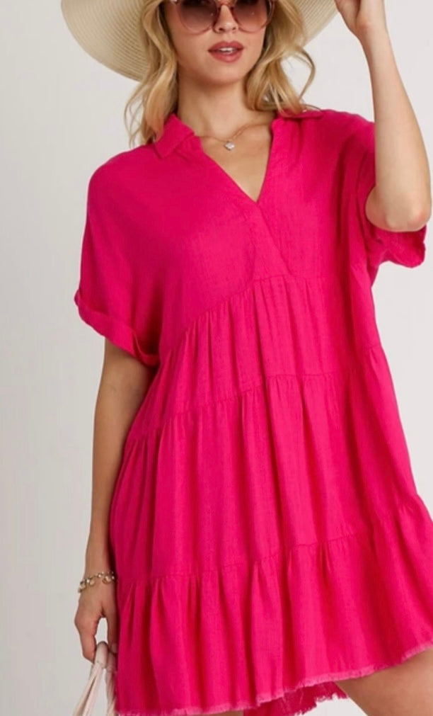 Short Sleeve Tiered Dress With Frayed Hem- Available in 4 Colors!