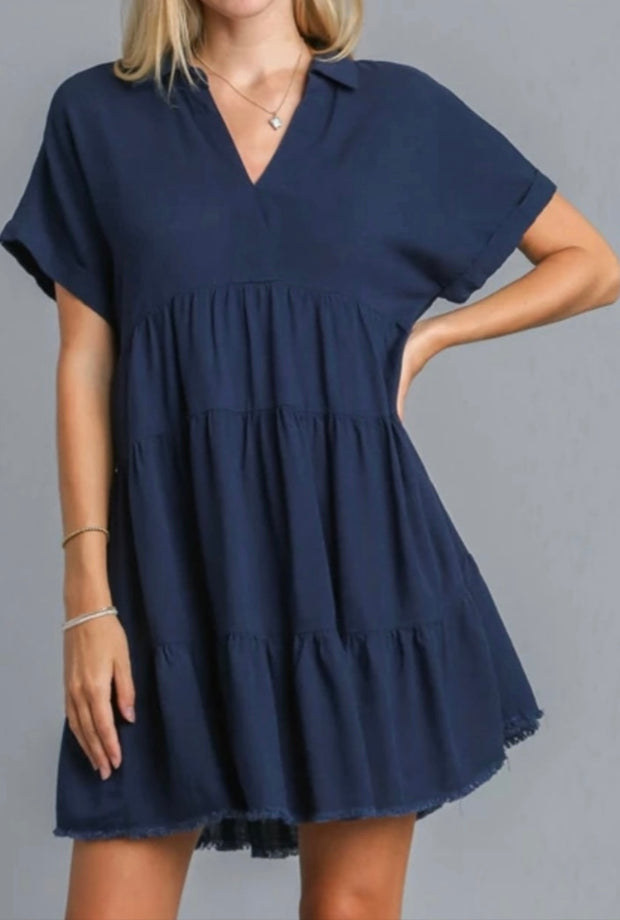 Short Sleeve Tiered Dress With Frayed Hem- Available in 4 Colors!