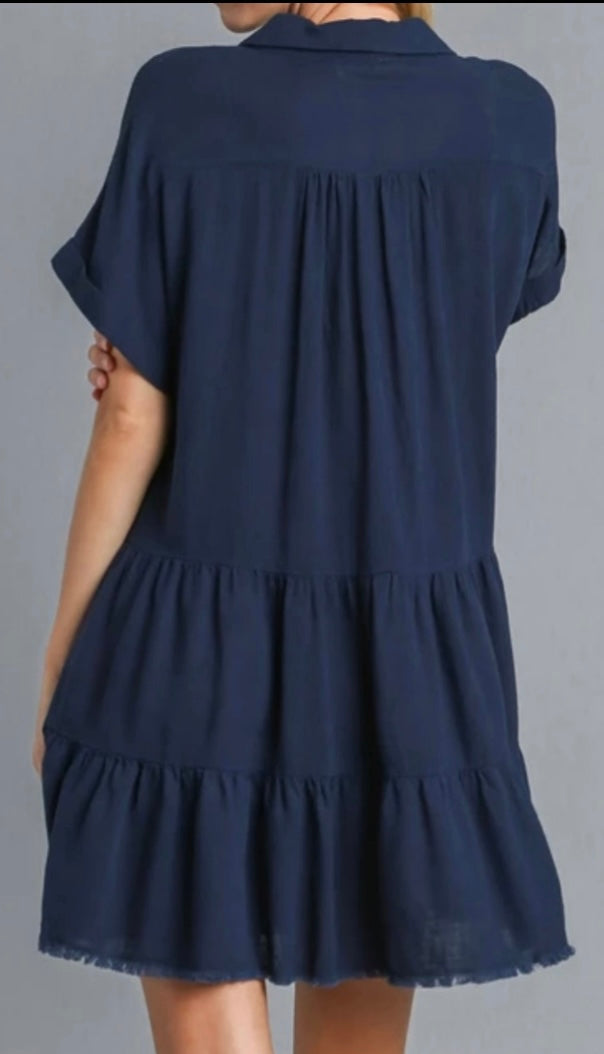 Short Sleeve Tiered Dress With Frayed Hem- Available in 4 Colors!