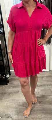 Short Sleeve Tiered Dress With Frayed Hem- Available in 4 Colors!