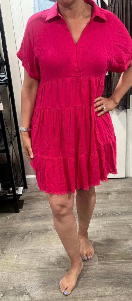 Short Sleeve Tiered Dress With Frayed Hem- Available in 4 Colors!