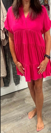 Short Sleeve Tiered Dress With Frayed Hem- Available in 4 Colors!