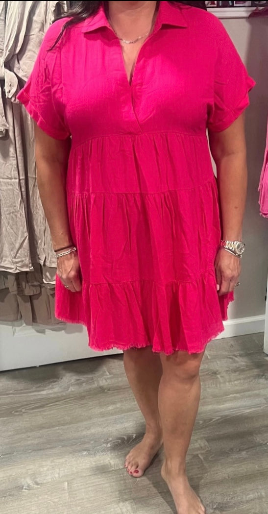Short Sleeve Tiered Dress With Frayed Hem- Available in 4 Colors!