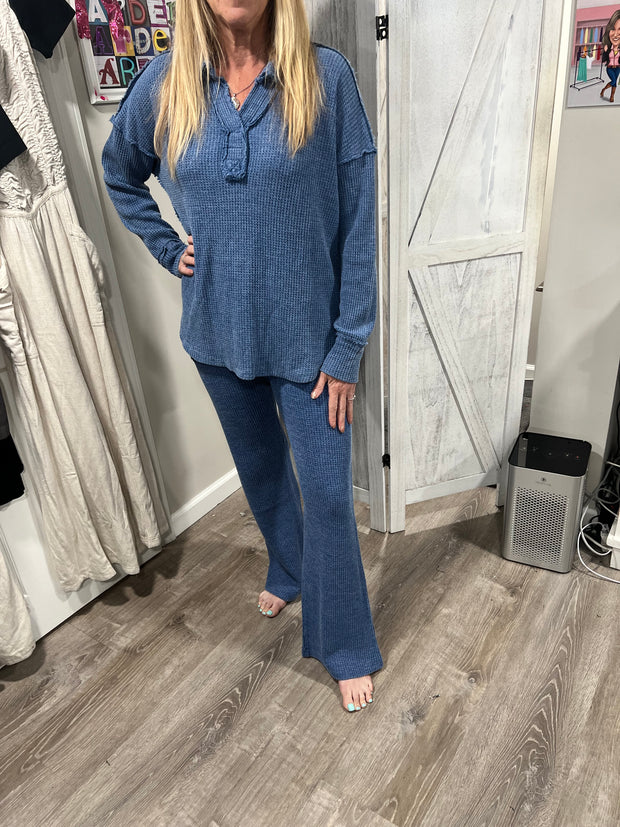 Washed Cobalt Blue Cotton Waffle Long Sleeve V Neck Top With Collar & Matching Waffle Straight Pant- SET- Available in2 Colors!