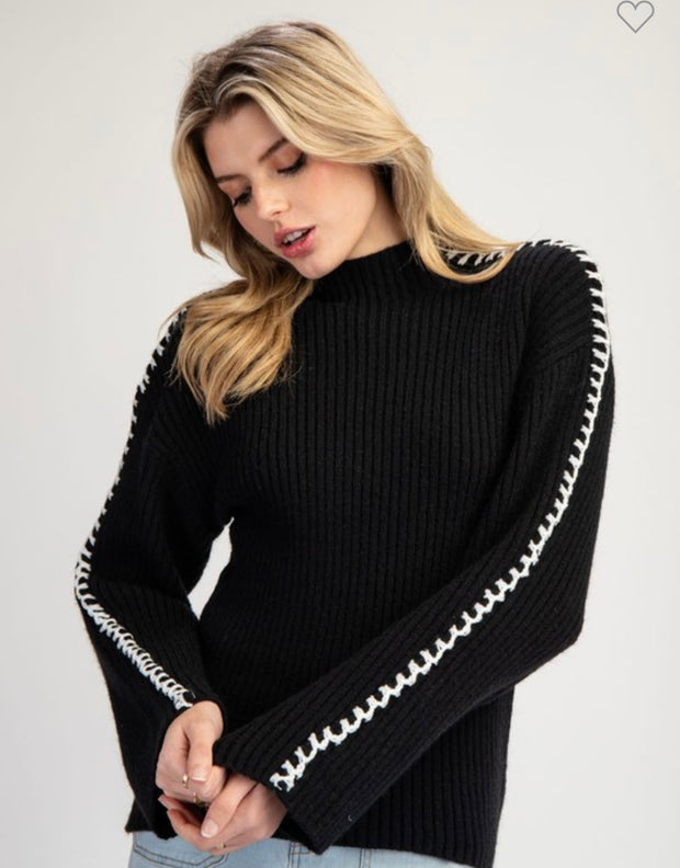 Black Stitch Point Mock Neck Sweater