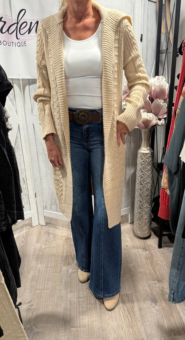 Beige Cable Knit Long Cardigan