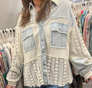 Oversize Contrast Lace Denim Crochet Button Down Shirt