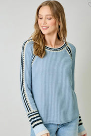 Soft Blue Raglan Sleeve Trim Detail Top