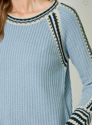 Soft Blue Raglan Sleeve Trim Detail Top