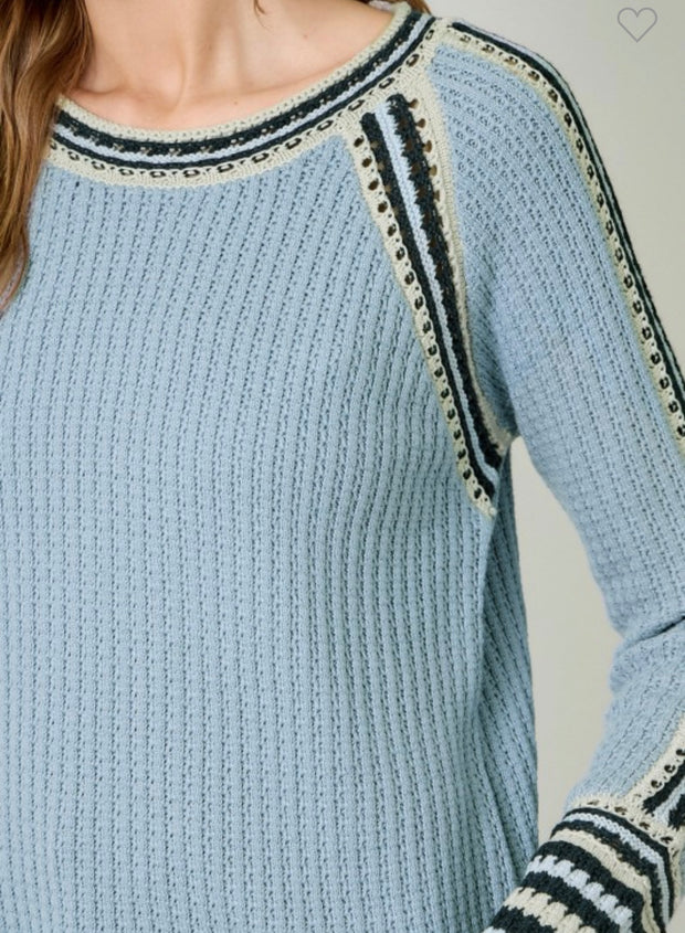 Soft Blue Raglan Sleeve Trim Detail Top