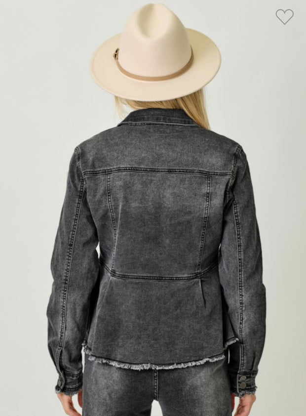Black Washed Denim Peplum Jacket