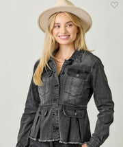 Black Washed Denim Peplum Jacket