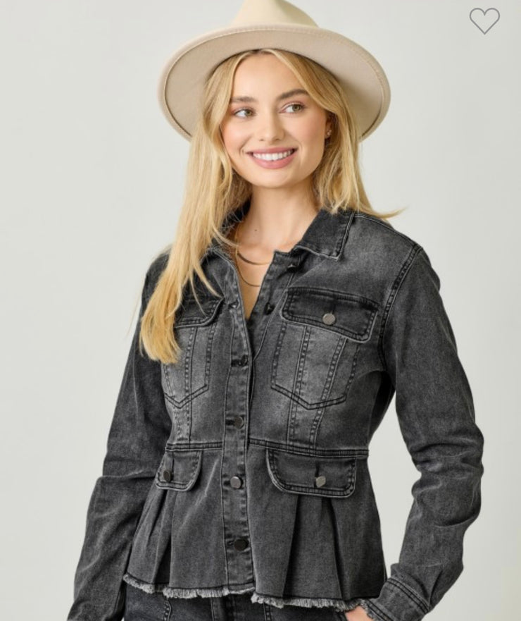 Black Washed Denim Peplum Jacket