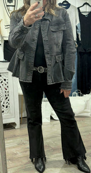 Black Washed Denim Peplum Jacket