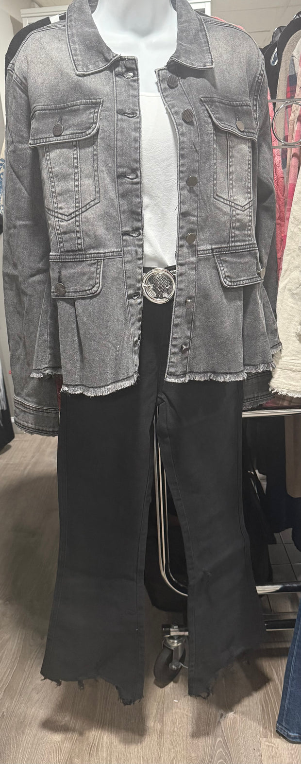 Black Washed Denim Peplum Jacket