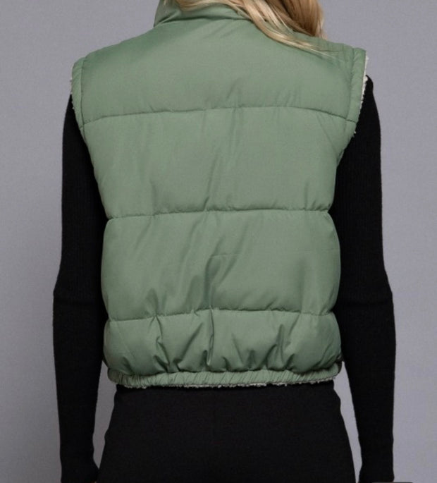 3 Colors-Reversible Fur Padding Vest- Available in Black.White & Sage Green