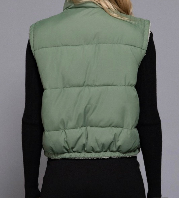 3 Colors-Reversible Fur Padding Vest- Available in Black.White & Sage Green